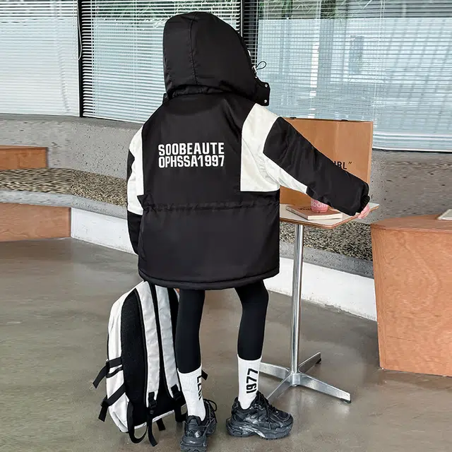 雅鹿棉衣 时尚潮流甜美气质保暖加绒加厚拼色宽松轻盈 黑色 青少年