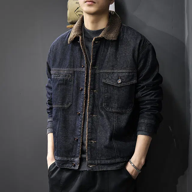 前进牛 冬季加绒保暖羊羔绒城市机能美式复古水洗工装翻领牛仔外套 男款