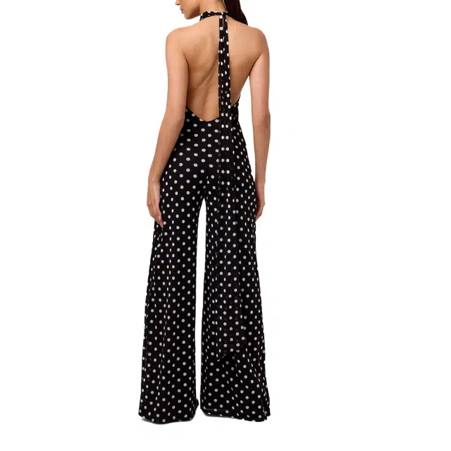NAKED WARDROBE Polka Dot Halter Wide Leg Jumpsuit Mesh
