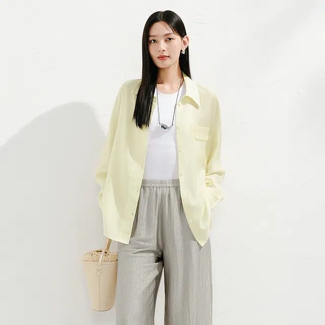 玖姿安娜蔻 纯色翻领宽松长袖衬衫 女款