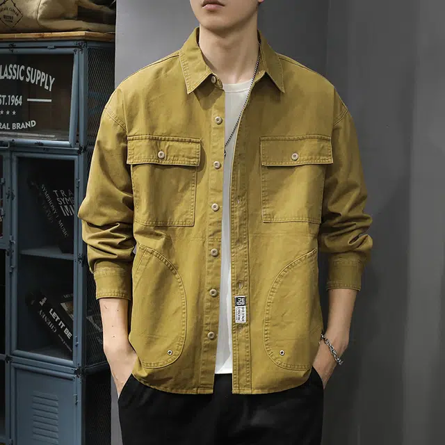 前进牛 秋季美式休闲经典复古潮牌长袖衬衫潮流宽松痞帅休闲牛仔外套 男款