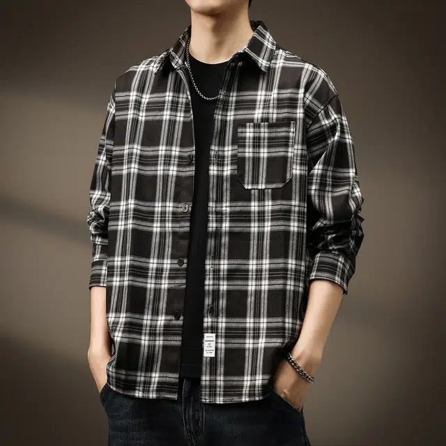 贵色 潮流美式休闲日常百搭复古高街格子长袖衬衫 男女同款