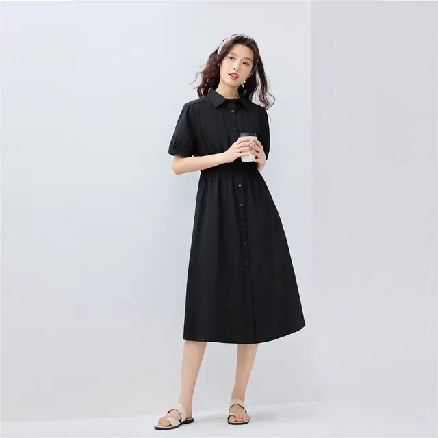 佐丹奴 纯棉府绸打揽收腰衬衫裙翻领短袖连衣裙 女款