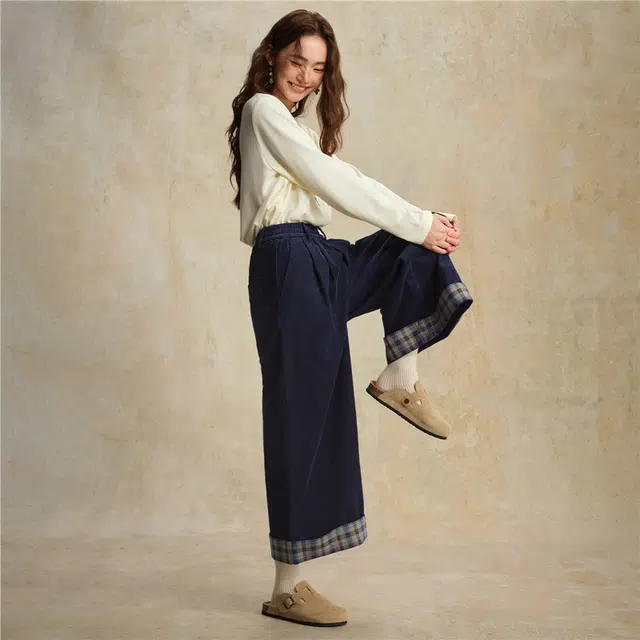 佐丹奴 纯棉灯芯绒拼接格纹松紧腰阔腿九分裤休闲裤 女款