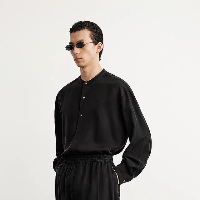 速写 纯色简约宽松立领衬衣垂感长袖衬衫 男款