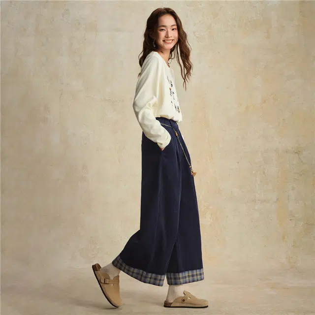 佐丹奴 纯棉灯芯绒拼接格纹松紧腰阔腿九分裤休闲裤 女款