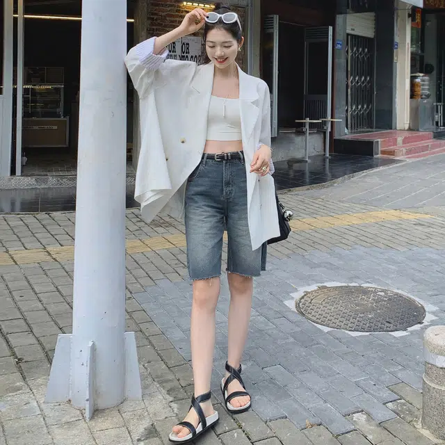 美洋 雅痞流苏边宽松五分裤牛仔短裤 女款 灰蓝色