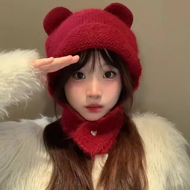 恩僾德 减龄可爱秋冬季小熊针织套头帽骑行护耳防寒保暖百搭大头围显脸小 聚酯纤维 绒线帽 男女同款情侣款