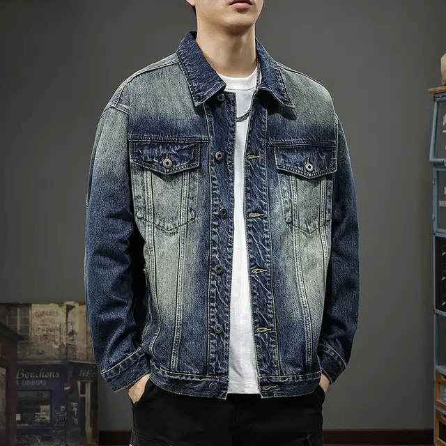 前进牛 秋季美式休闲复古潮牌拽酷风工装拉链口袋水洗做旧潮流高街嘻哈街头痞帅拼接宽松大码翻领牛仔外套 男款