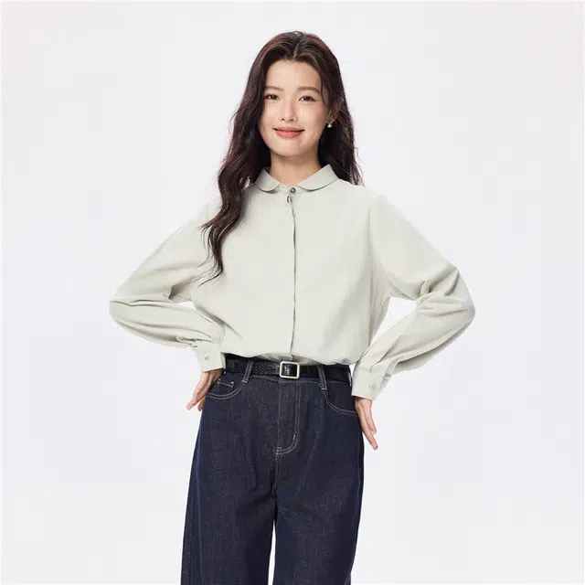 佐丹奴 法兰绒衬衣极简通勤纯棉小翻领长袖衬衫 女款