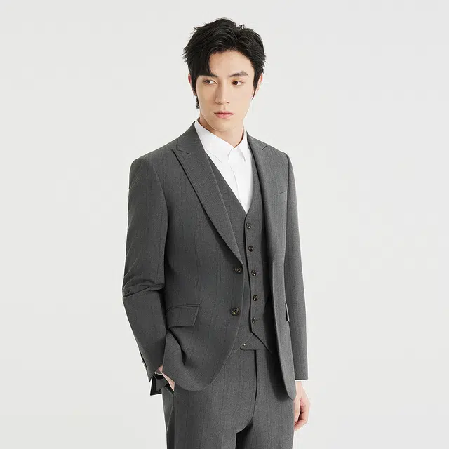 利郎 条纹戗驳领商务休闲质感百搭时尚都市三件套西装套装 男款