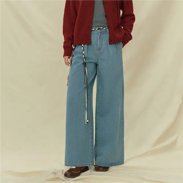 佐丹奴 洗水压褶高腰阔腿长裤牛仔裤 女款