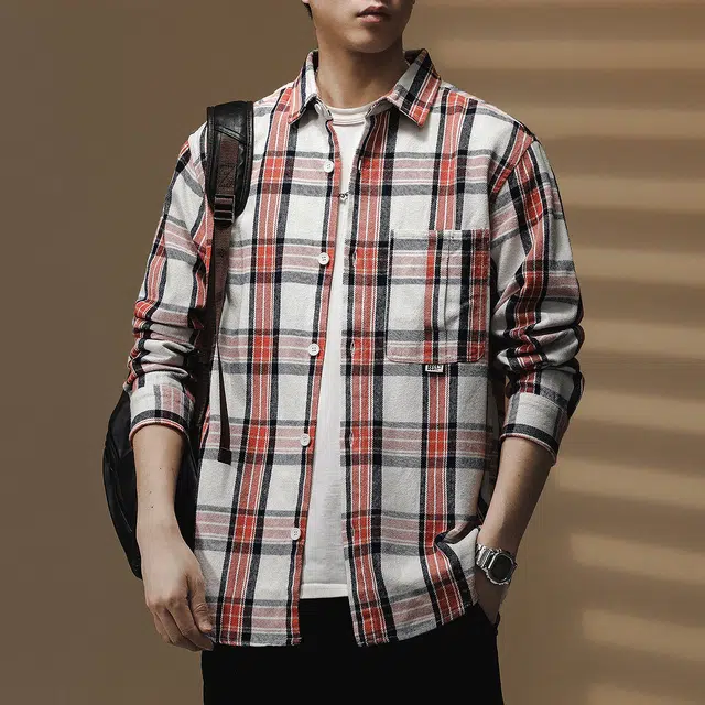 贵色 潮流纯棉翻领休闲百搭青年美式高级复古痞帅格子拼接长袖衬衫 男女同款