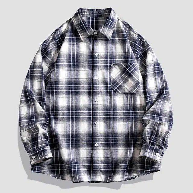 金盾 美式撞色格子宽松长袖衬衫 男女同款