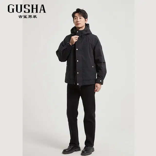 古鲨 潮流户外高端防风连帽外套羽绒服 男款