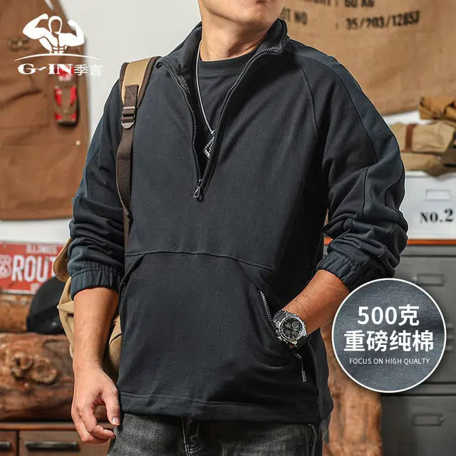 季言 重磅美式复古纯棉潮牌拼接撞色卫衣 男款