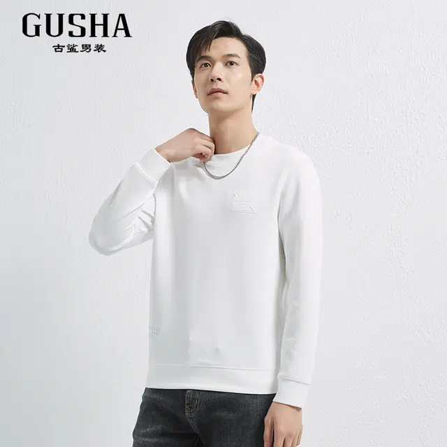 古鲨 莫代尔简约印花潮牌圆领长袖卫衣 男款