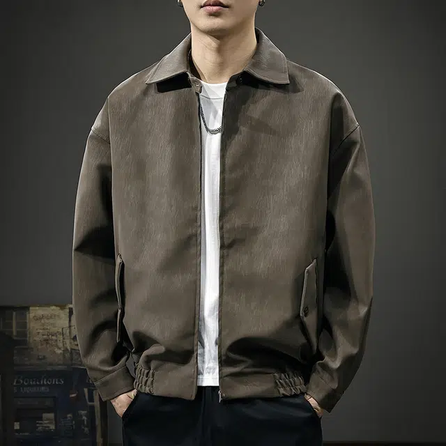 前进牛 美式休闲经典潮牌潮流百搭宽松休闲工装皮衣 男款