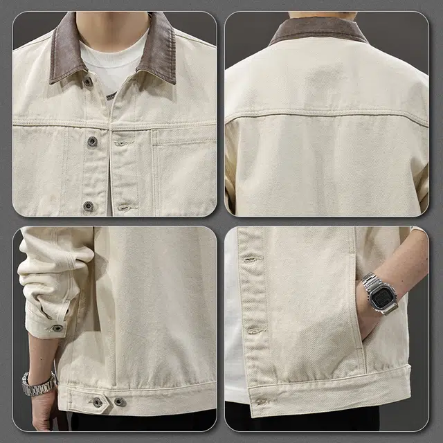 前进牛 美式经典撞色潮牌复古运动学院风翻领潮流雅痞轻奢高端工装重磅水洗纯棉上衣牛仔外套 男款