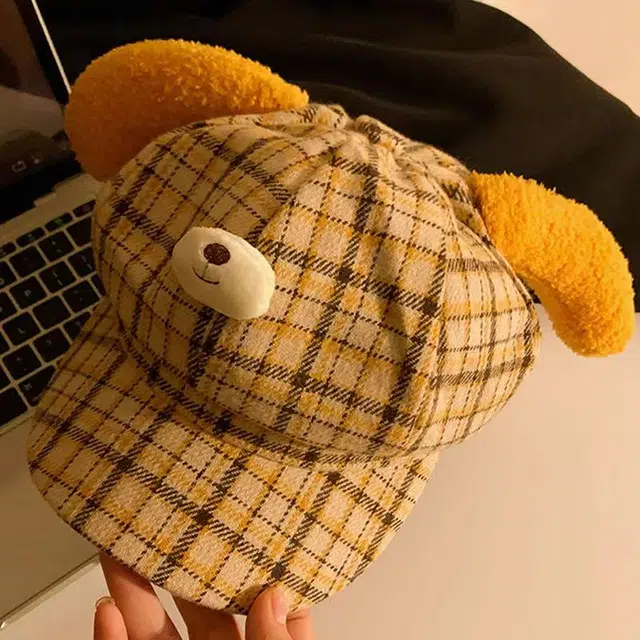 恩僾德 黄油小狗毛绒耳朵格纹八角帽女生秋冬季小众高颜值百搭可爱保暖显脸小日系报童帽 涤纶 鸭舌帽 男女同款情侣款