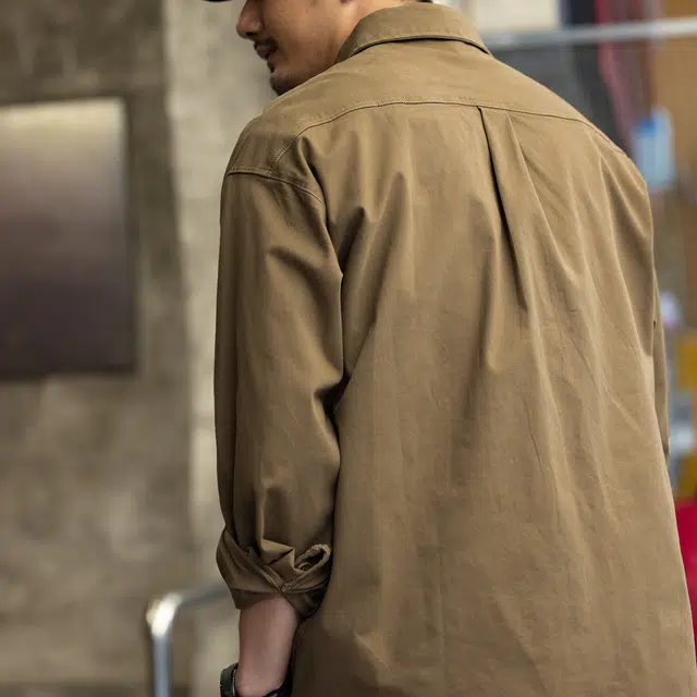 格蓝鹿 夏季 纯色纯棉休闲耐磨做旧痞帅机能工装经典美式复古日常上班通勤翻领长袖衬衫 宽松型 男女同款