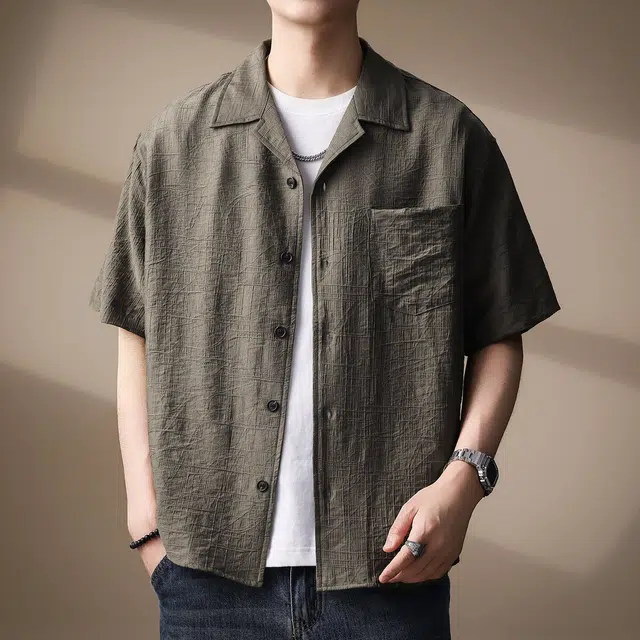 贵色 薄款潮流设计痞帅衬衣时尚百搭上衣美式复古莱赛尔天丝休闲垂感慵懒古巴领短袖衬衫 男女同款