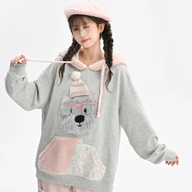 森女部落 潦草小狗闺蜜装连帽萌趣风拼贴套头可爱卫衣 女款