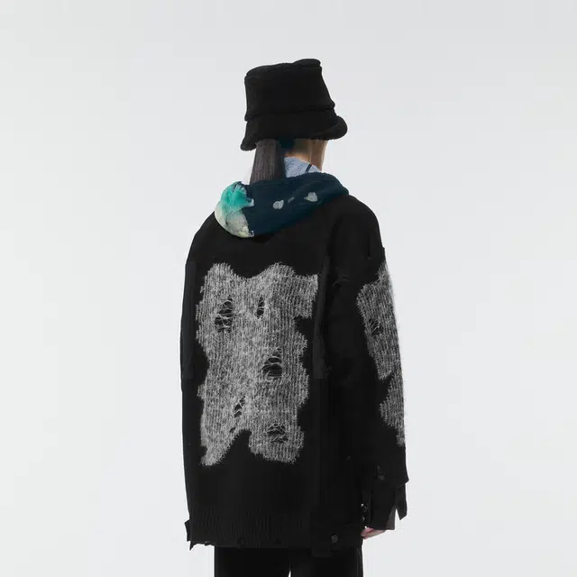 速写 牛仔拼接色块做旧复古休闲毛衣 男女同款