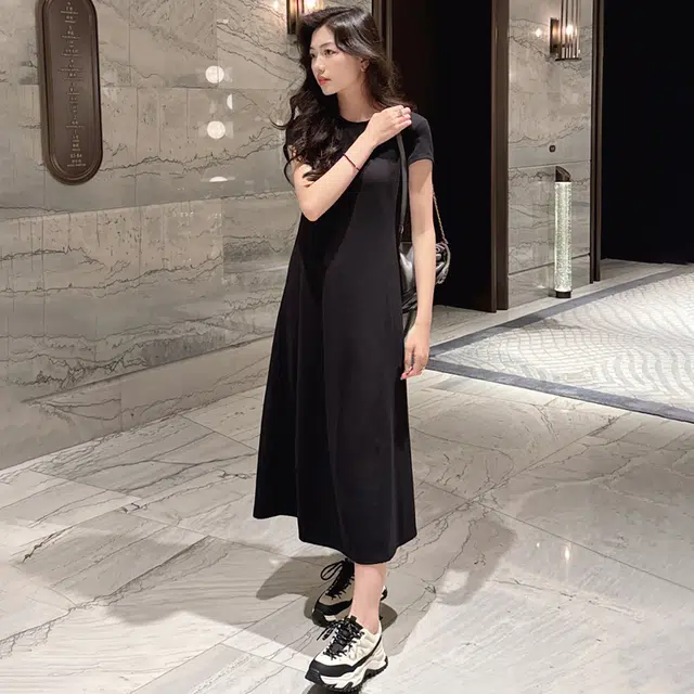 美洋 巴黎足迹连衣裙 螺纹棉纱磨毛|金属收腰直筒黑色长裙短袖连衣裙 女款 黑色