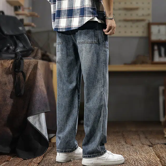 遨宇 美式经典复古潮牌潮流水洗做旧宽松直筒牛仔裤 男款