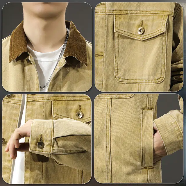 前进牛 美式复古重磅底特律纯棉废土风水洗工装夹克男潮流硬汉高级感灯芯绒领子潮牌休闲男牛仔外套 男款