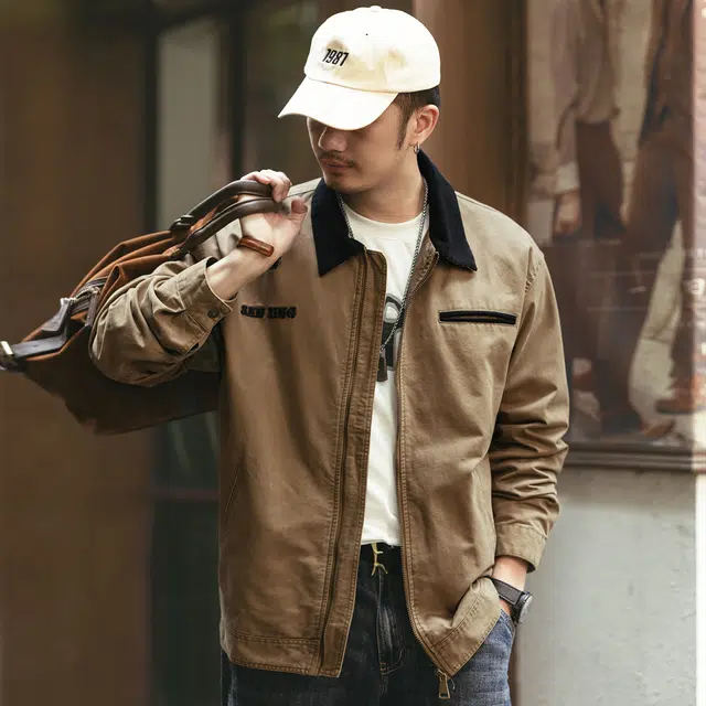 格蓝鹿 春季 休闲复古个性百搭时尚翻领合身适中常规耐磨落肩拉链长袖夹克外套 男女同款 卡其