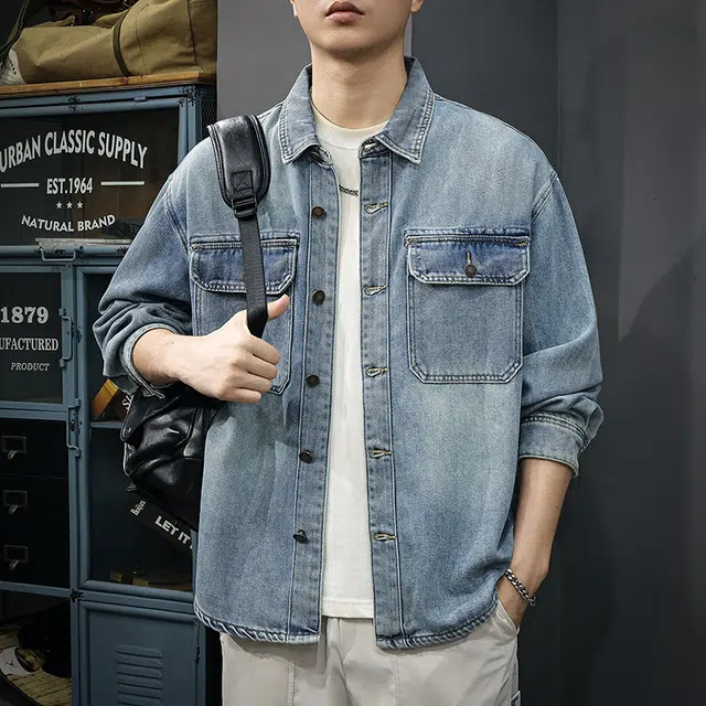 前进牛 秋季阿美咔叽高端复古水洗长袖潮流高街嘻哈街头痞帅宽松休闲牛仔外套 男款