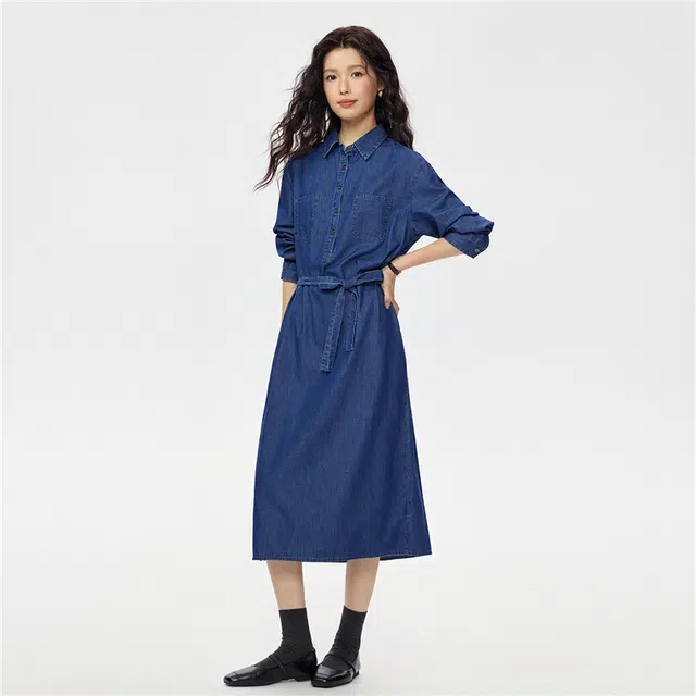 佐丹奴 纯棉薄款口袋绑带翻领牛仔长袖连衣裙 女款