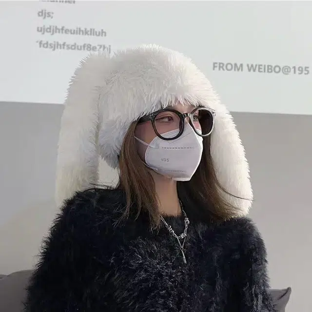 恩僾德 甜美可爱兔子小众百搭耳朵帽子显脸小加厚保暖防寒个性护耳包头帽 聚酯纤维 绒线帽 男女同款情侣款