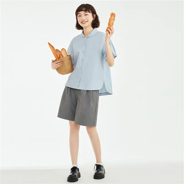 佐丹奴 娃娃领灯笼袖小众休闲短袖衬衫 女款