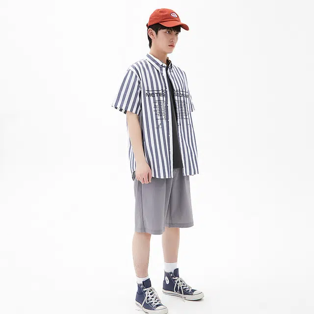 美特斯邦威 印花宽松条纹纯棉休闲短袖衬衫 男款