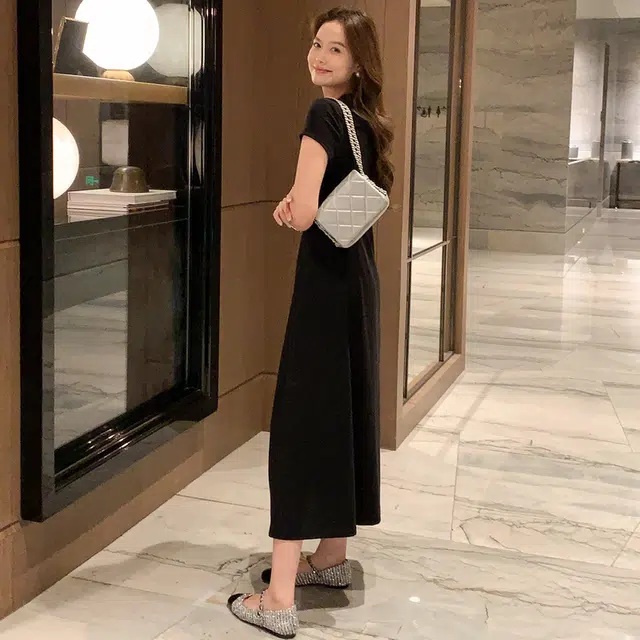 美洋 巴黎足迹连衣裙 螺纹棉纱磨毛|金属收腰直筒黑色长裙短袖连衣裙 女款 黑色