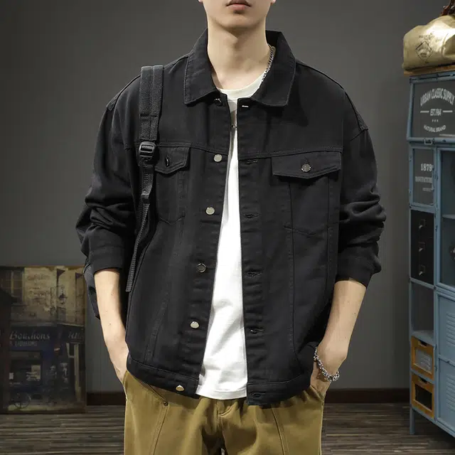 前进牛 美式休闲复古潮牌通勤风夹克长袖宽松休闲翻领工装外痞帅衬衣男牛仔外套 男款