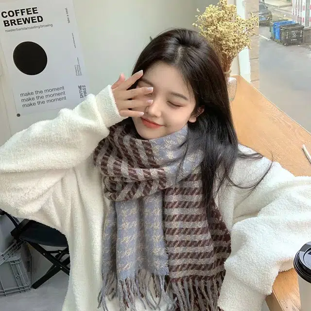 恩僾德 韩版流苏双面千鸟格加厚保暖 聚酯纤维 绒线围巾 男女同款情侣款