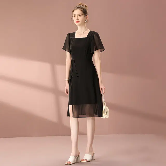 粉红玛琍 春,夏,秋 开叉短袖连衣裙 收腰 女款 黑色