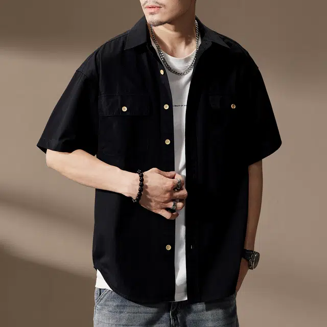 贵色 户外百搭翻领山系叠穿休闲痞帅美式重磅高街复古多口袋潮牌工装宽松型纯色短袖衬衫 男女同款