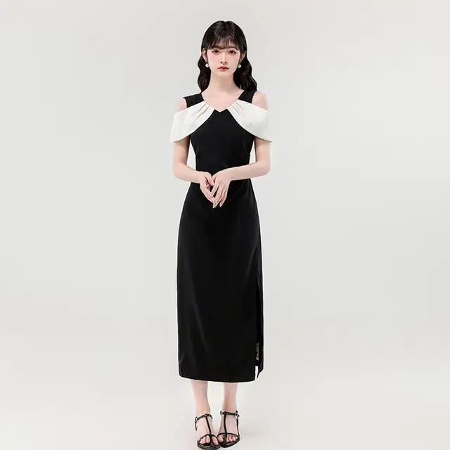 水中花 法式时尚气质开叉设计感小众露肩长裙优雅收腰无袖连衣裙 女款