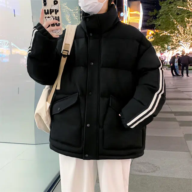 金盾 大码三条杠外套情侣款条纹保暖宽松长袖棉服 男女同款