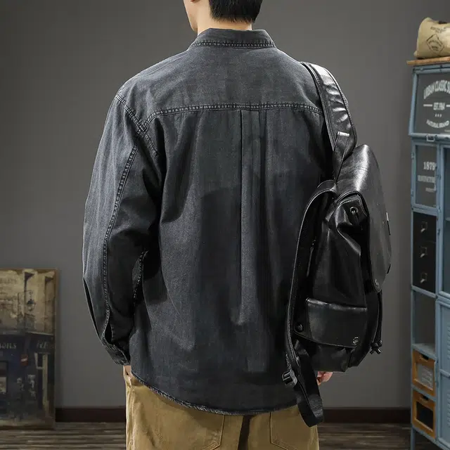 前进牛 秋季美式休闲复古潮牌经典老钱风水洗做旧潮流高街痞帅百搭大码工装翻领长袖牛仔外套 男款
