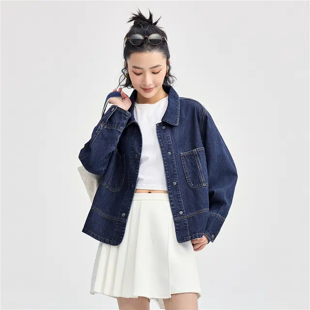 佐丹奴 洗水牛仔大口袋宽松翻领休闲夹克外套 女款