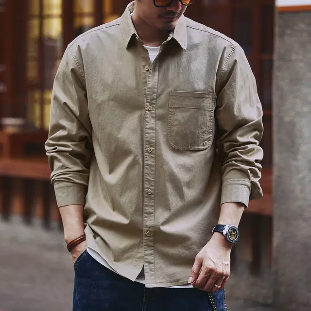 格蓝鹿 潮牌宽松无性别休闲长袖衬纯色松弛感工装多口袋外套学生党美式复古极简风衬衫 男女同款 卡其