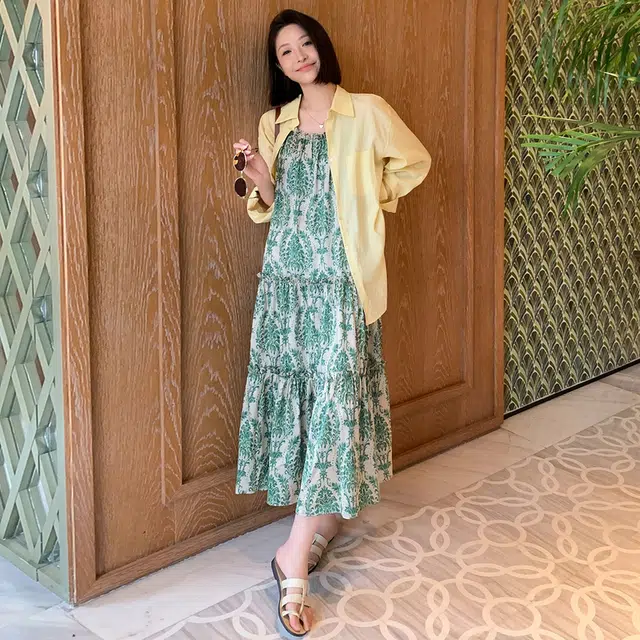 美洋 绿野仙踪连衣裙 仿丝缎印花|海岛度假吊带蛋糕裙吊带连衣裙 女款 黄绿色