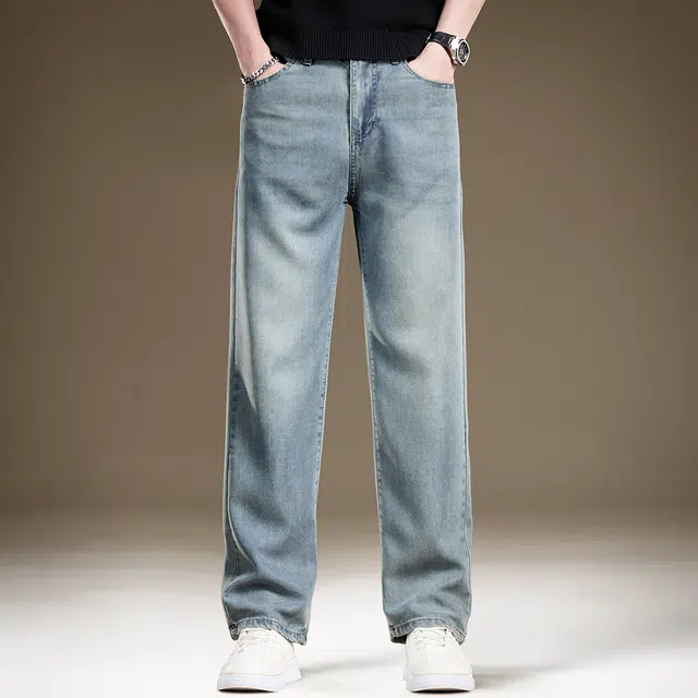 贵色 薄款透气冰丝凉感水洗做旧阔腿直筒裤美式高端复古休闲垂感牛仔裤 男女同款