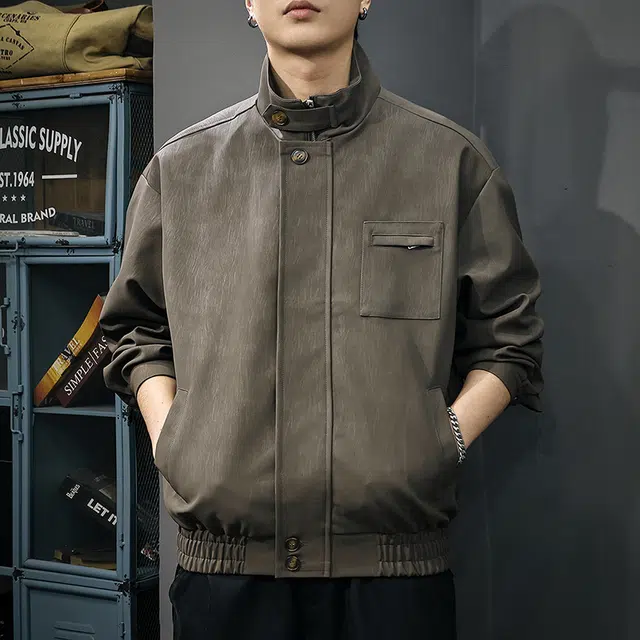 前进牛 美式休闲经典复古潮牌酷飒风立领秋季潮流轻奢酷感宽松休闲高级感防风机车工装外套皮衣 男款